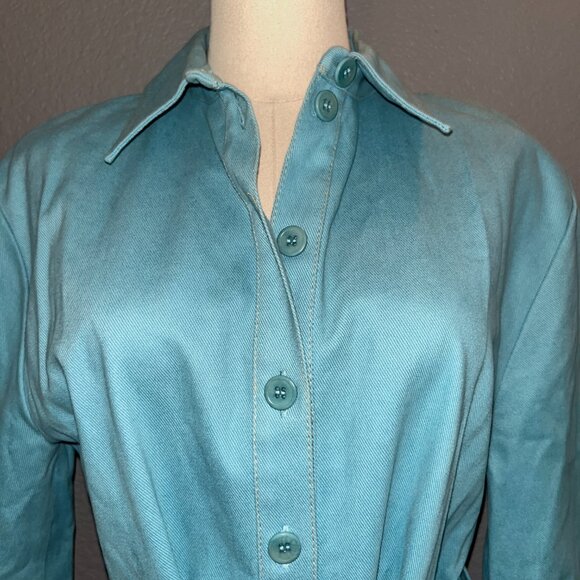 STINE GOYA TURQUOISE DENIM BUTTON FRONT BELTED SHIRT DRESS - EUC - EXTRA SMALL - Picture 2 of 13
